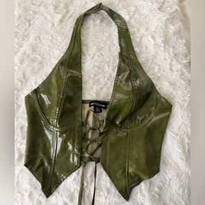 PrettyLittleThing Olive Leather Halter Top